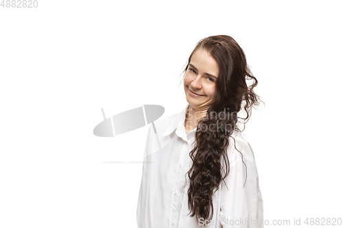 Image of Young caucasian woman with funny, unusual popular emotions and gestures isolated on white studio background