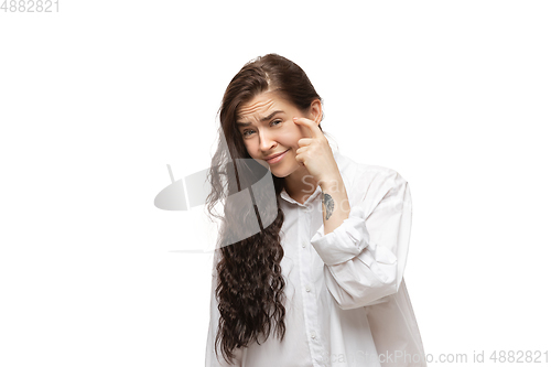 Image of Young caucasian woman with funny, unusual popular emotions and gestures isolated on white studio background