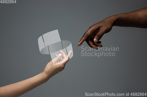 Image of Racial tolerance. Respect social unity. African and caucasian hands gesturing isolated on gray studio background