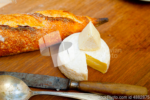 Image of French cheese and fresh  baguette on a wood cutter