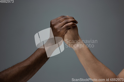 Image of Racial tolerance. Respect social unity. African and caucasian hands gesturing isolated on gray studio background