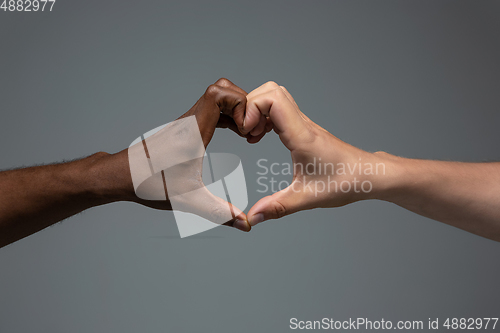 Image of Racial tolerance. Respect social unity. African and caucasian hands gesturing isolated on gray studio background