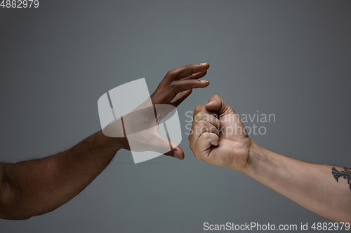 Image of Racial tolerance. Respect social unity. African and caucasian hands gesturing isolated on gray studio background