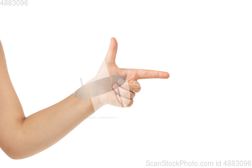 Image of Children\'s hand, palm gesturing isolated on white studio background