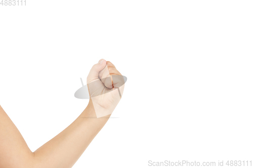 Image of Children\'s hand, palm gesturing isolated on white studio background