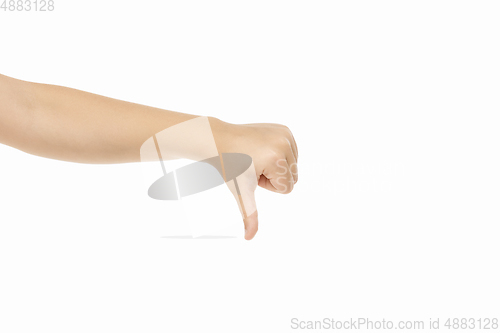 Image of Children\'s hand, palm gesturing isolated on white studio background