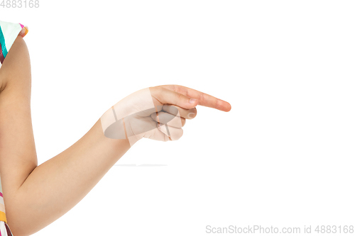 Image of Children\'s hand, palm gesturing isolated on white studio background