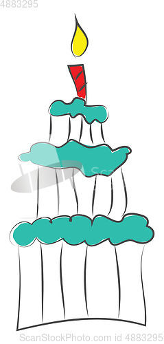 Image of Three-story cake with blue frosting and red  candle on top vecto