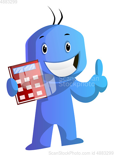 Image of Blue cartoon caracter with his red calculator illustration vecto