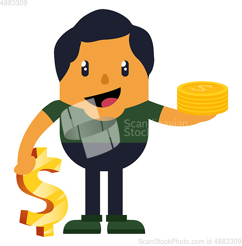Image of Man with coins, illustration, vector on white background.