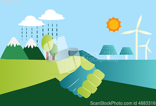 Image of Shaking hands for eco friendly energy resources illustration vec