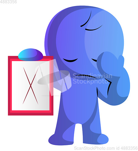 Image of Sad blue cartoon caracter holding a notepad illustration vector 