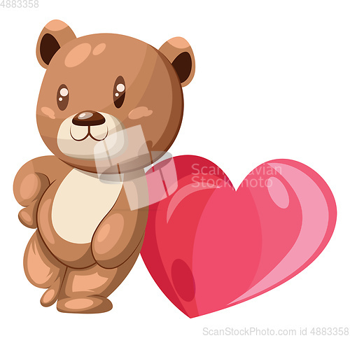 Image of Brown and white bear leaning on a big pink heart vector illustra