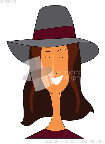 Image of Smiling girl in a big grey hat with purple ribbon vector illustr