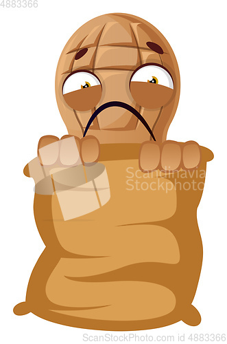 Image of Peanut hiding behind big bag, illustration, vector on white back