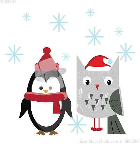 Image of An owl and penguin in Christmas party vector or color illustrati