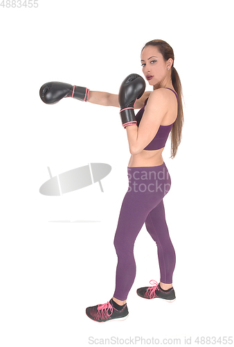 Image of Slim woman in workout outfit boxing