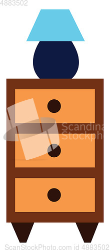 Image of A blue table lamp placed on a tall wooden bed side shelf vector 