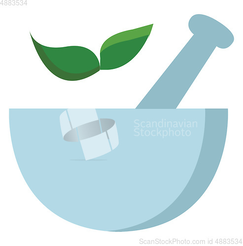 Image of Light blue mortar with two green leaves vector illustration on w