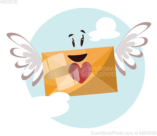 Image of Dark yellow envelope with a red heart and wings smiling vector i