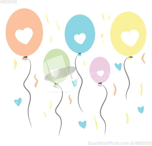 Image of Set of oval shaped balloons with heart-shaped patterns tied to i