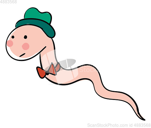 Image of Pink worm with green hat and red bow tie vector illustration on 