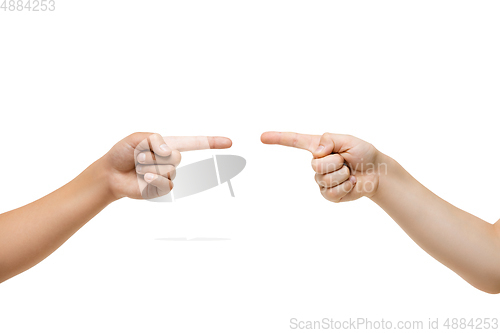 Image of Children\'s hand, palm gesturing isolated on white studio background