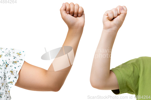 Image of Children\'s hand, palm gesturing isolated on white studio background