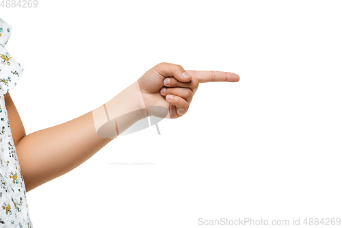 Image of Children\'s hand, palm gesturing isolated on white studio background