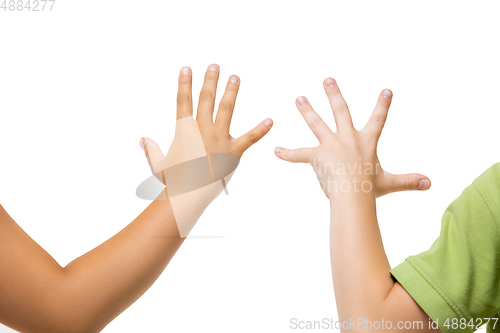 Image of Children\'s hand, palm gesturing isolated on white studio background