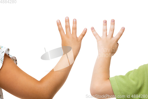 Image of Children\'s hand, palm gesturing isolated on white studio background