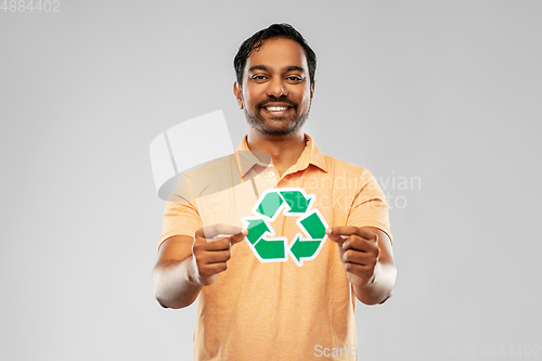 Image of smiling indian man holding green recycling sign