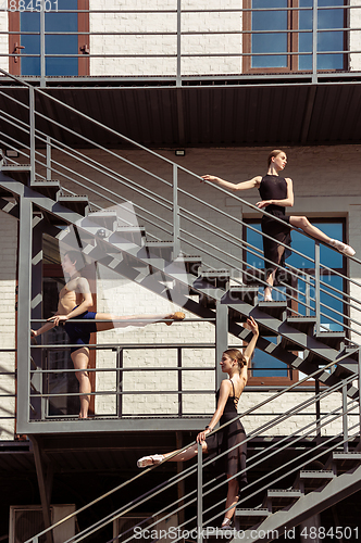 Image of The group of modern ballet dancers performing on the stairs at the city