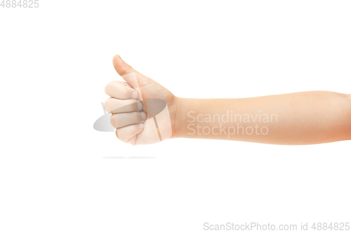 Image of Children\'s hand, palm gesturing isolated on white studio background