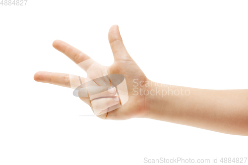 Image of Children\'s hand, palm gesturing isolated on white studio background