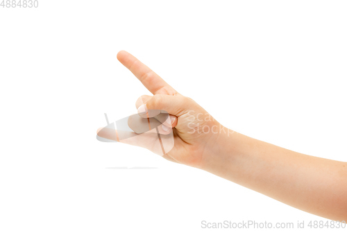 Image of Children\'s hand, palm gesturing isolated on white studio background