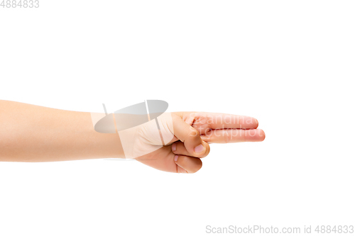 Image of Children\'s hand, palm gesturing isolated on white studio background