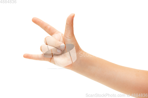 Image of Children\'s hand, palm gesturing isolated on white studio background