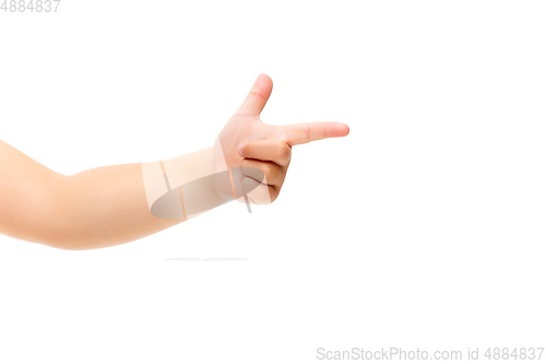 Image of Children\'s hand, palm gesturing isolated on white studio background