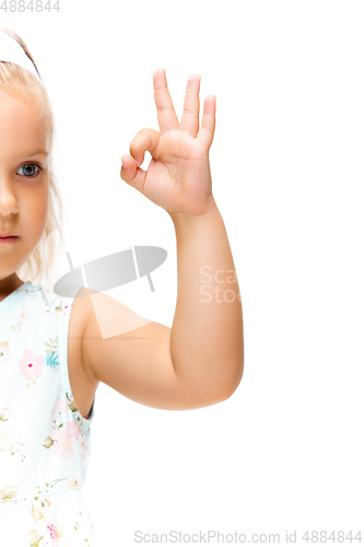Image of Little girl gesturing isolated on white studio background with copyspace