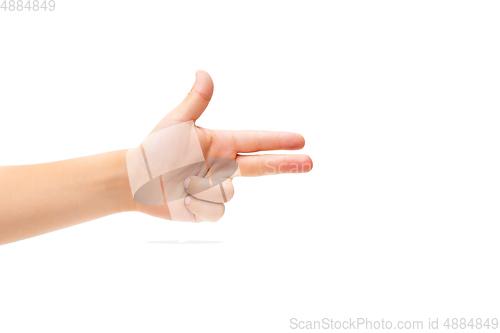 Image of Children\'s hand, palm gesturing isolated on white studio background