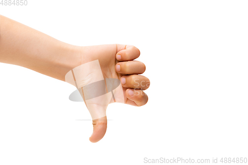 Image of Children\'s hand, palm gesturing isolated on white studio background