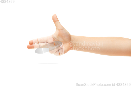 Image of Children\'s hand, palm gesturing isolated on white studio background