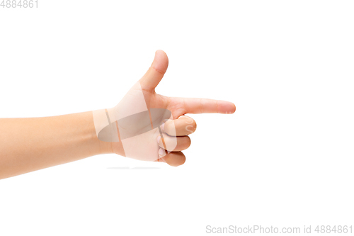 Image of Children\'s hand, palm gesturing isolated on white studio background