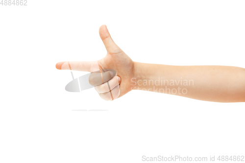 Image of Children\'s hand, palm gesturing isolated on white studio background