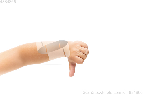 Image of Children\'s hand, palm gesturing isolated on white studio background