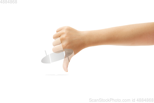 Image of Children\'s hand, palm gesturing isolated on white studio background