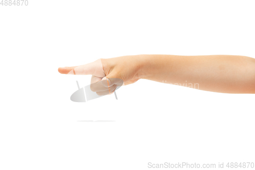 Image of Children\'s hand, palm gesturing isolated on white studio background