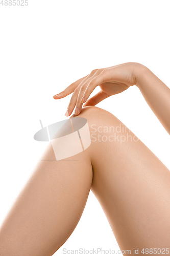 Image of Beautiful female body isolated on white background. Sportive, sensual body with well-kept skin in underwear.