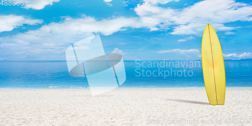 Image of Summer concept flyer. Surfing board with beach, sand and ocean or sea on background